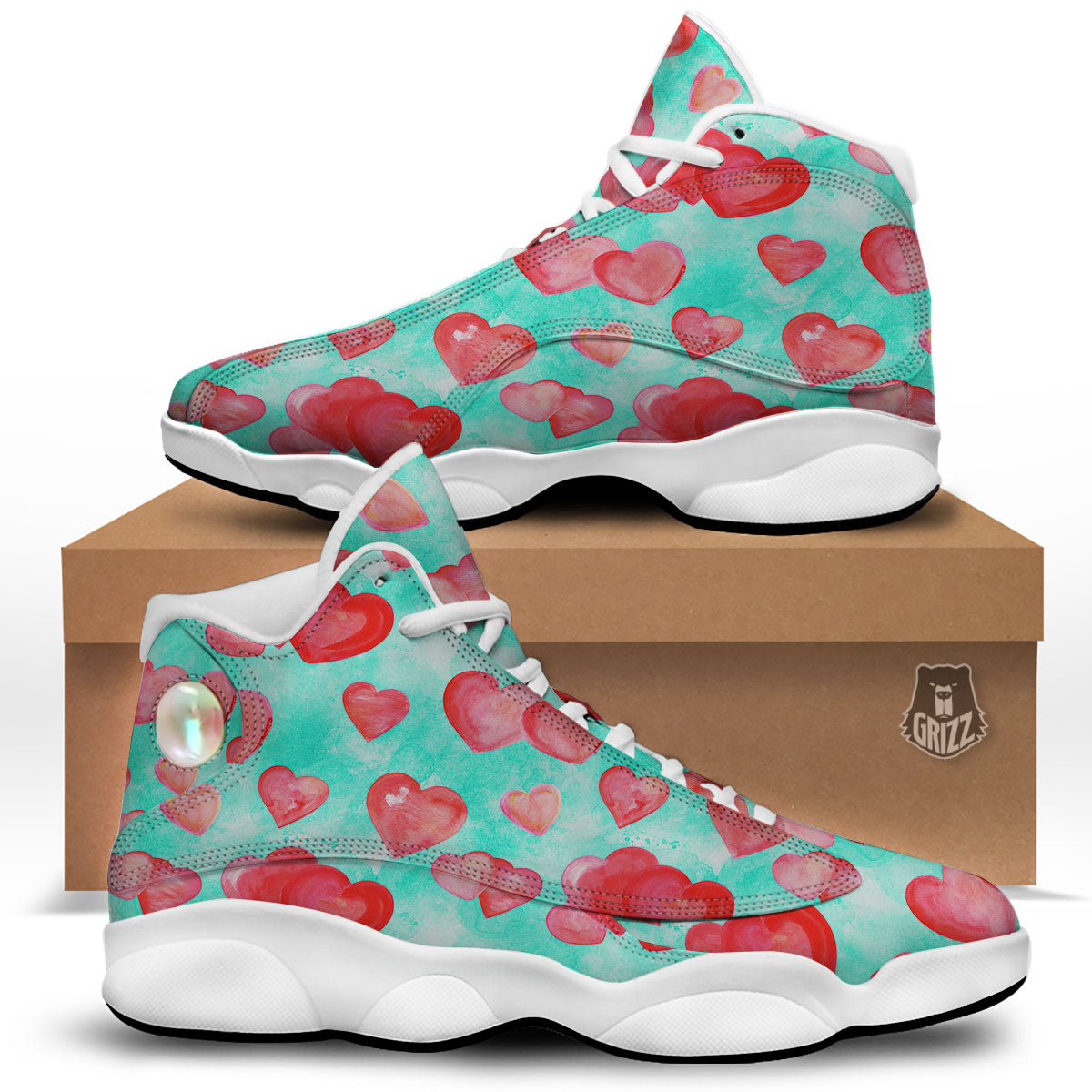 Watercolor Heart Teal And Pink Print White Basketball Shoes-grizzshop