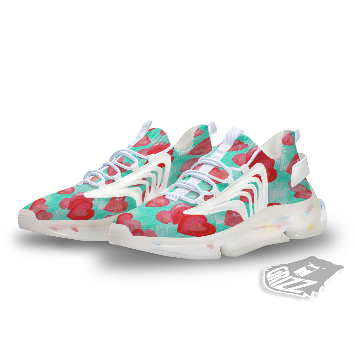Watercolor Heart Teal And Pink Print White Gym Shoes-grizzshop