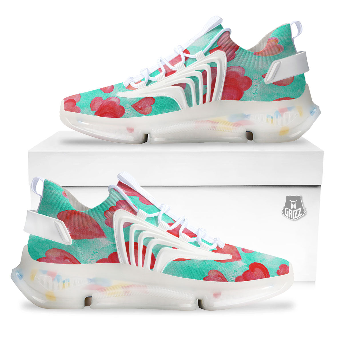Watercolor Heart Teal And Pink Print White Gym Shoes-grizzshop