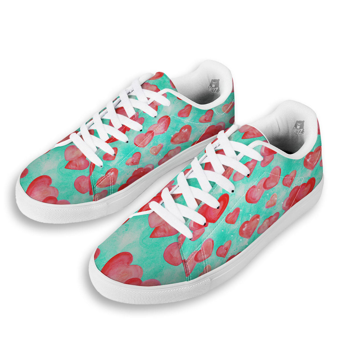 Watercolor Heart Teal And Pink Print White Low Top Sneakers-grizzshop