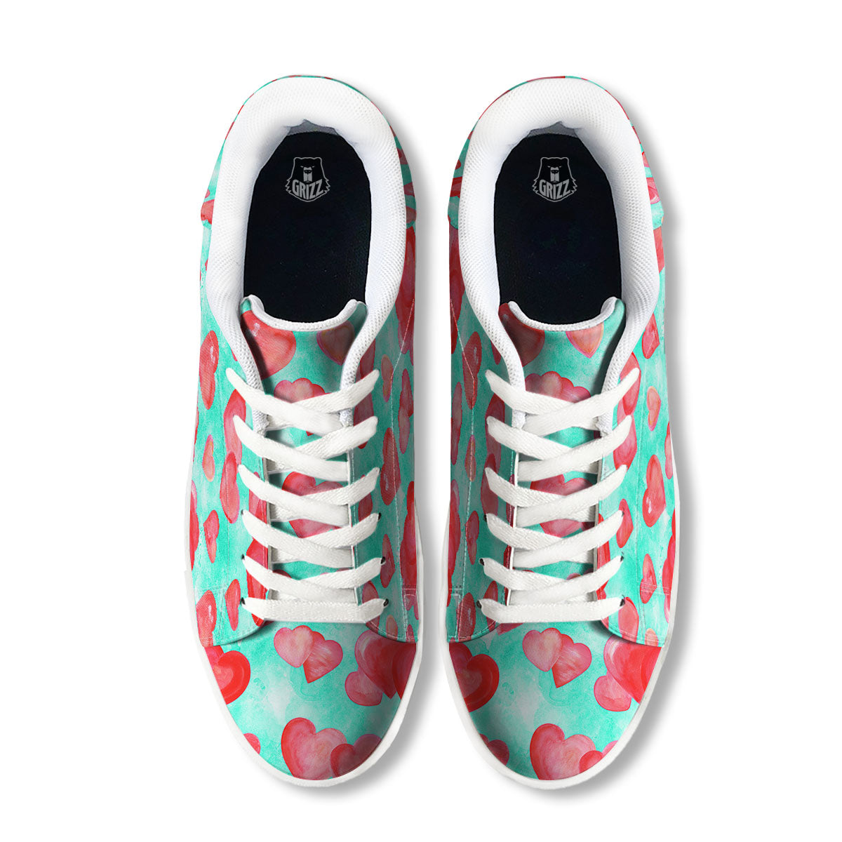 Watercolor Heart Teal And Pink Print White Low Top Sneakers-grizzshop