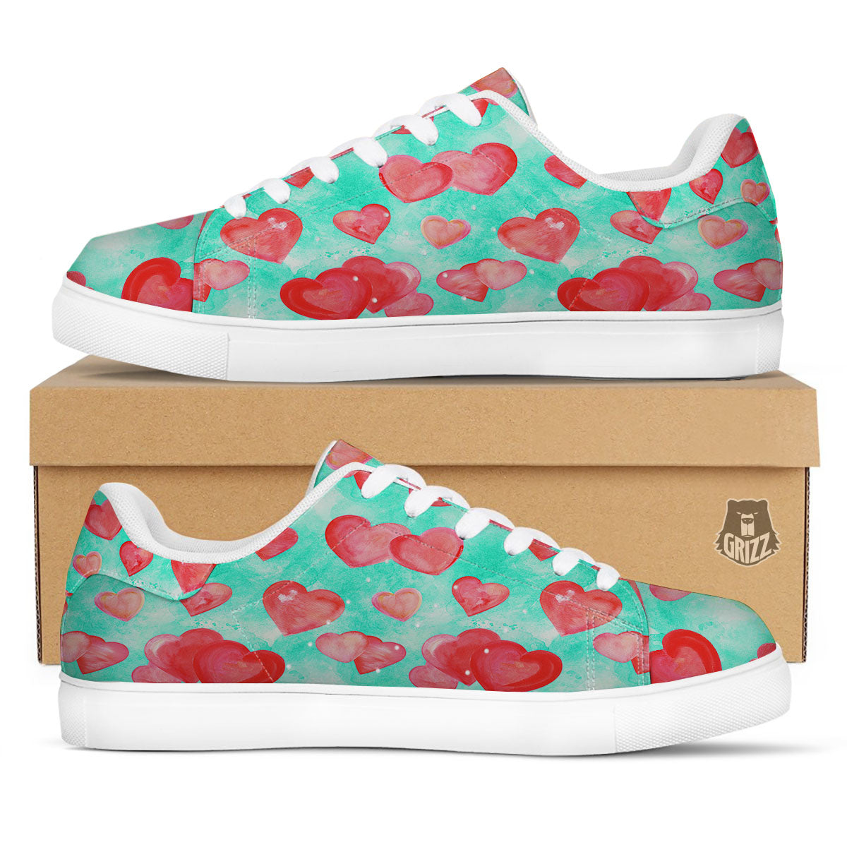 Watercolor Heart Teal And Pink Print White Low Top Sneakers-grizzshop