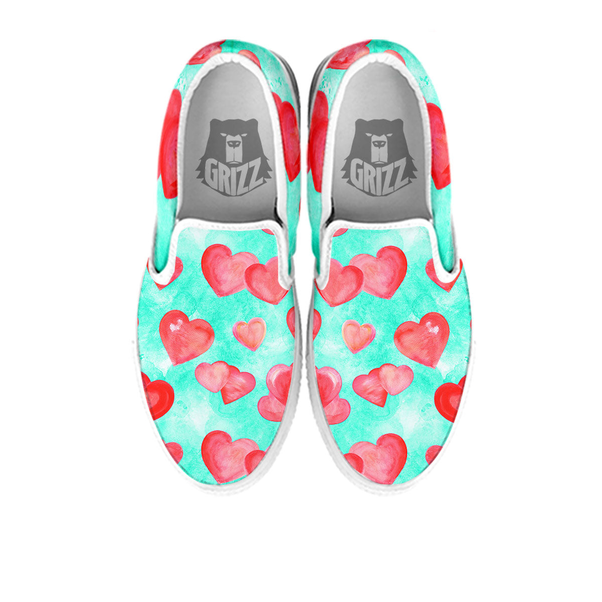 Watercolor Heart Teal And Pink Print White Slip On Shoes-grizzshop
