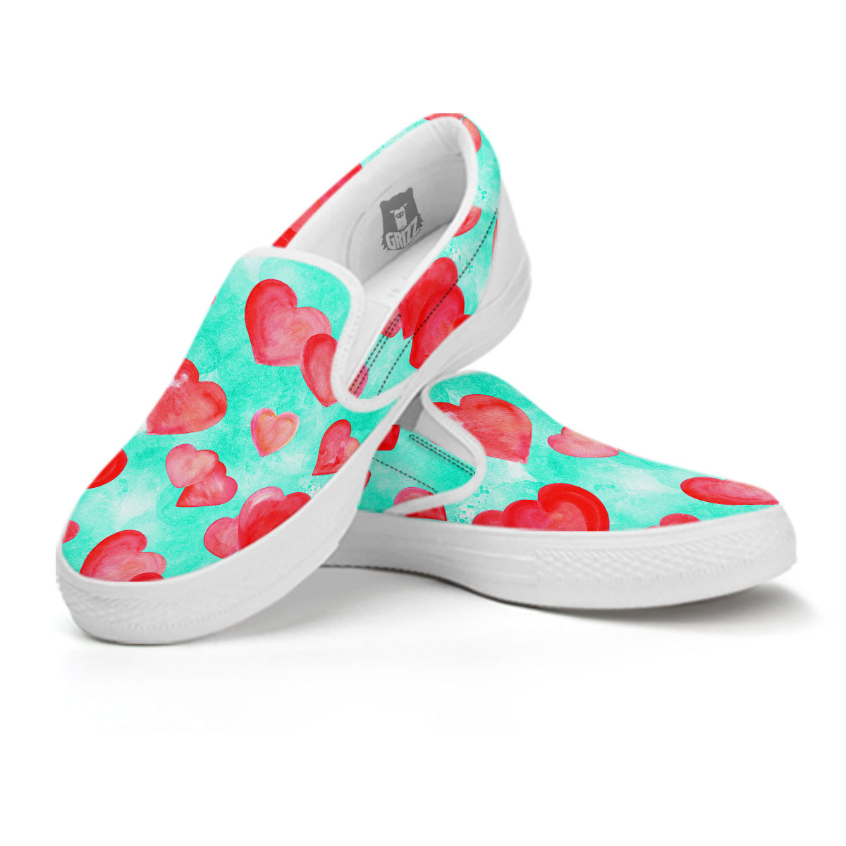 Watercolor Heart Teal And Pink Print White Slip On Shoes-grizzshop