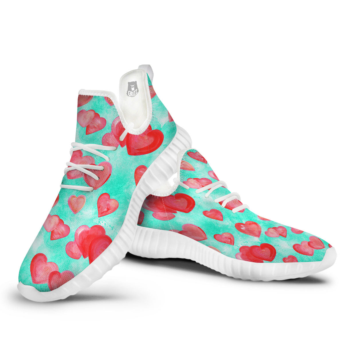 Watercolor Heart Teal And Pink Print White Walking Shoes-grizzshop