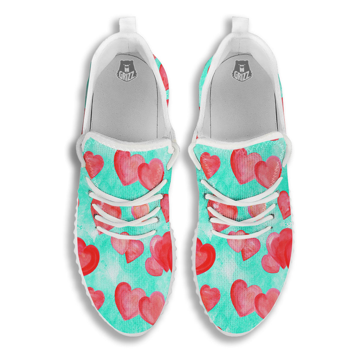 Watercolor Heart Teal And Pink Print White Walking Shoes-grizzshop