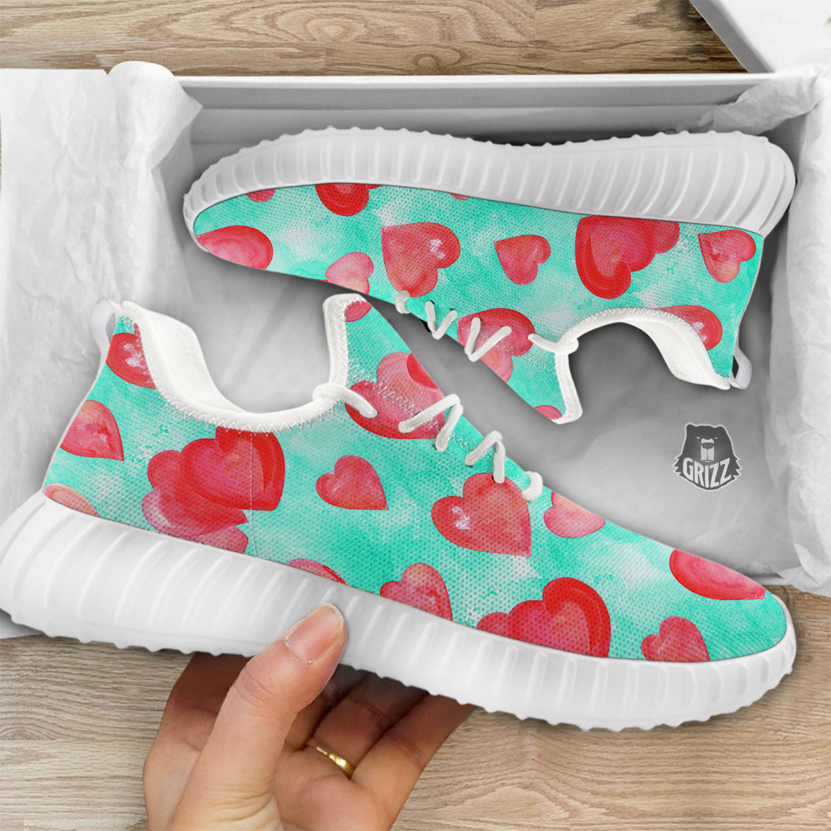 Watercolor Heart Teal And Pink Print White Walking Shoes-grizzshop