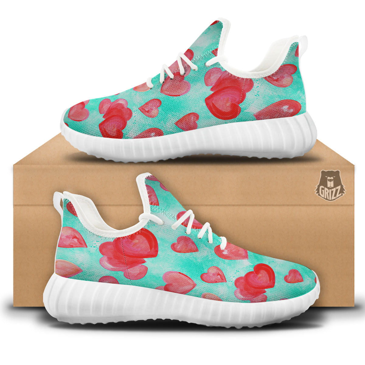 Watercolor Heart Teal And Pink Print White Walking Shoes-grizzshop