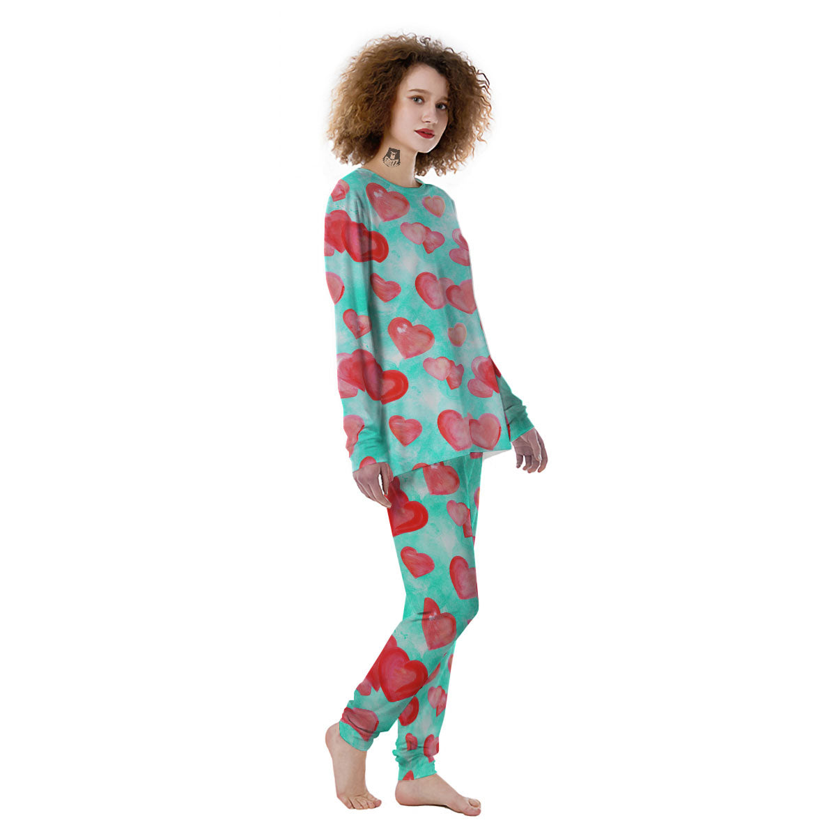 Watercolor Heart Teal And Pink Print Women's Pajamas-grizzshop