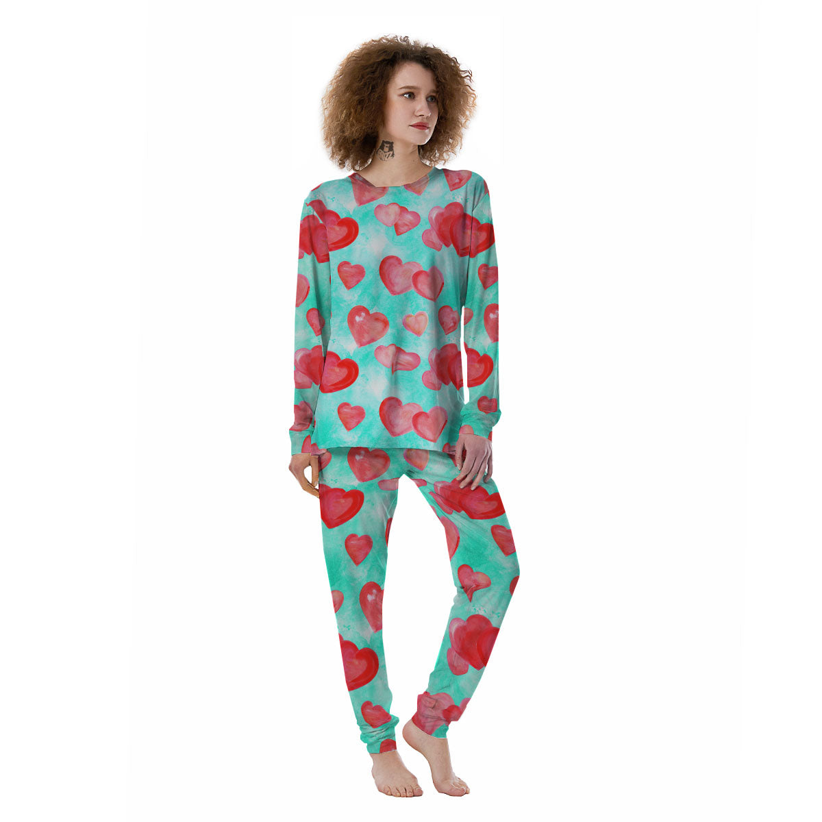 Watercolor Heart Teal And Pink Print Women's Pajamas-grizzshop