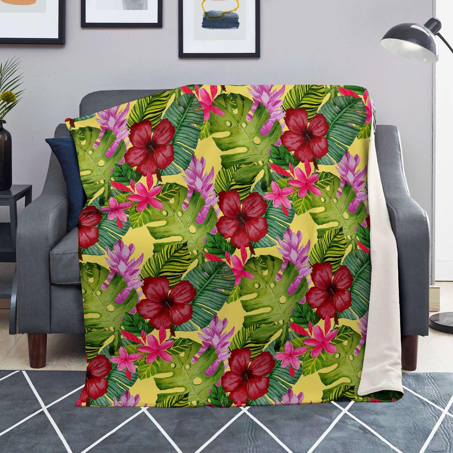Watercolor Hibiscus Floral Hawaiian Print Blanket-grizzshop