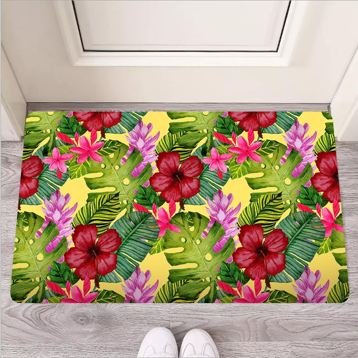 Watercolor Hibiscus Floral Hawaiian Print Door Mat-grizzshop