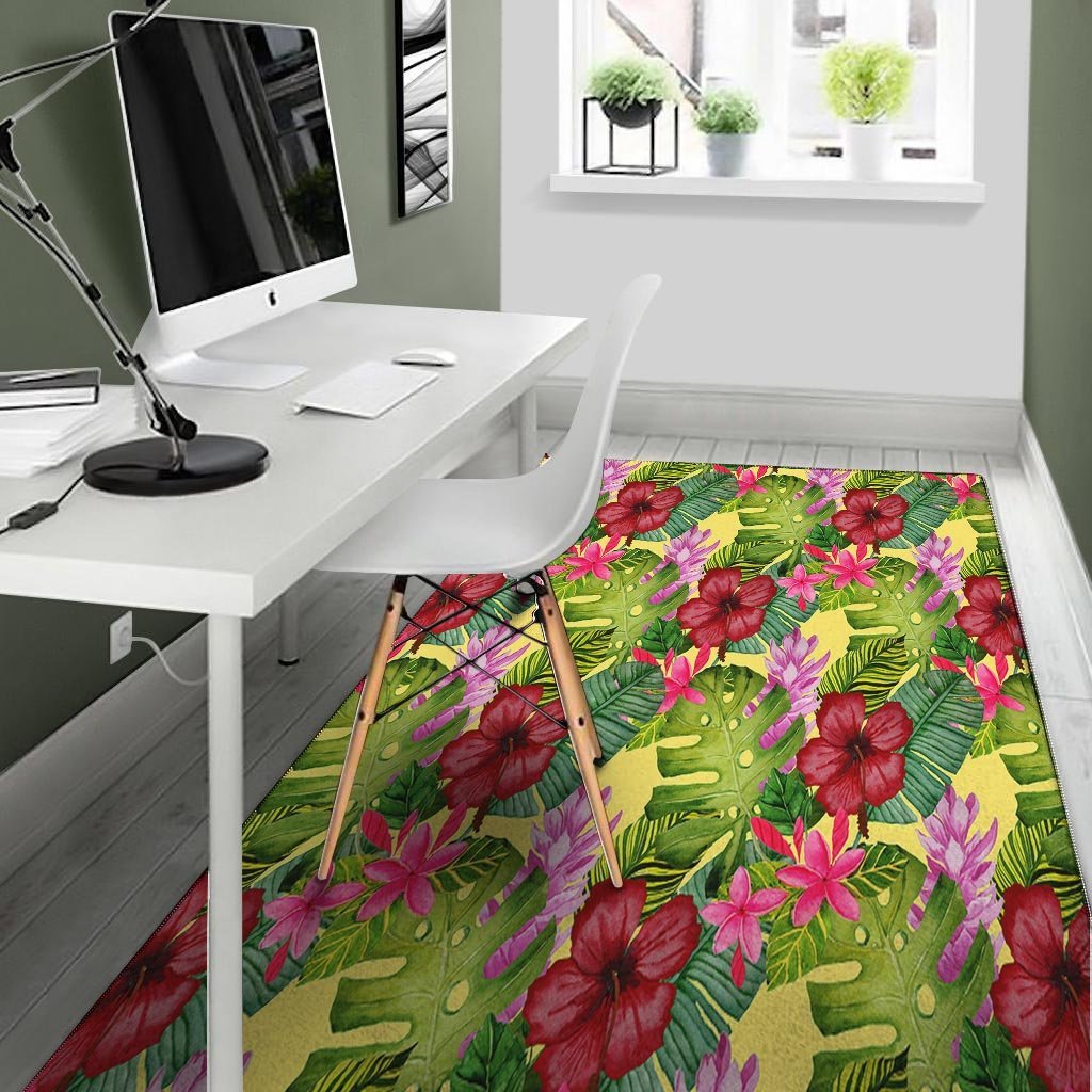 Watercolor Hibiscus Floral Hawaiian Print Floor Mat-grizzshop