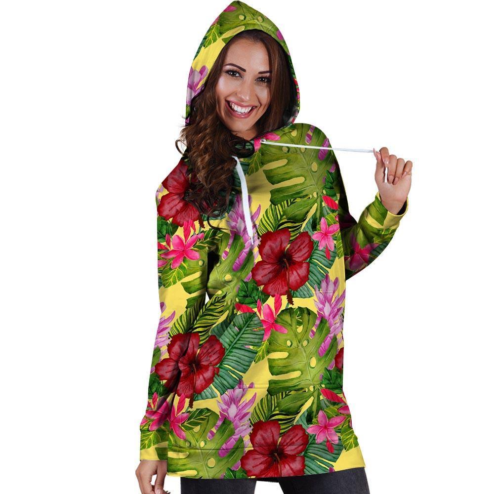 Watercolor Hibiscus Floral Hawaiian Print Hoodie Dress-grizzshop