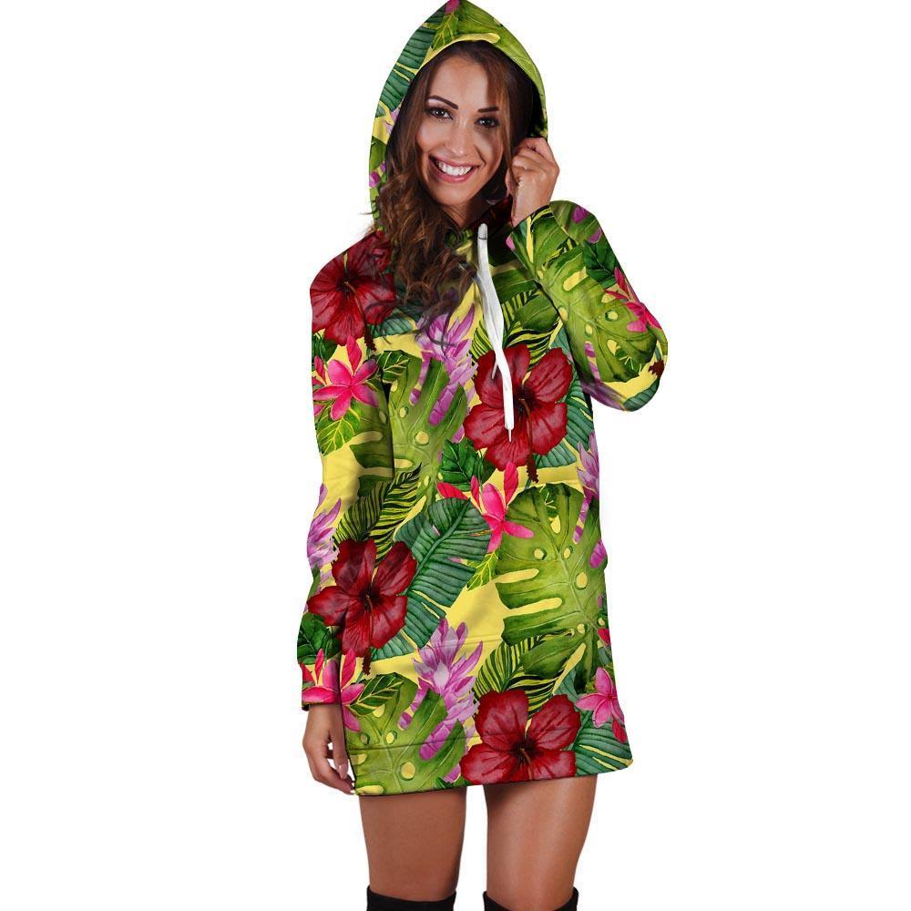 Watercolor Hibiscus Floral Hawaiian Print Hoodie Dress-grizzshop