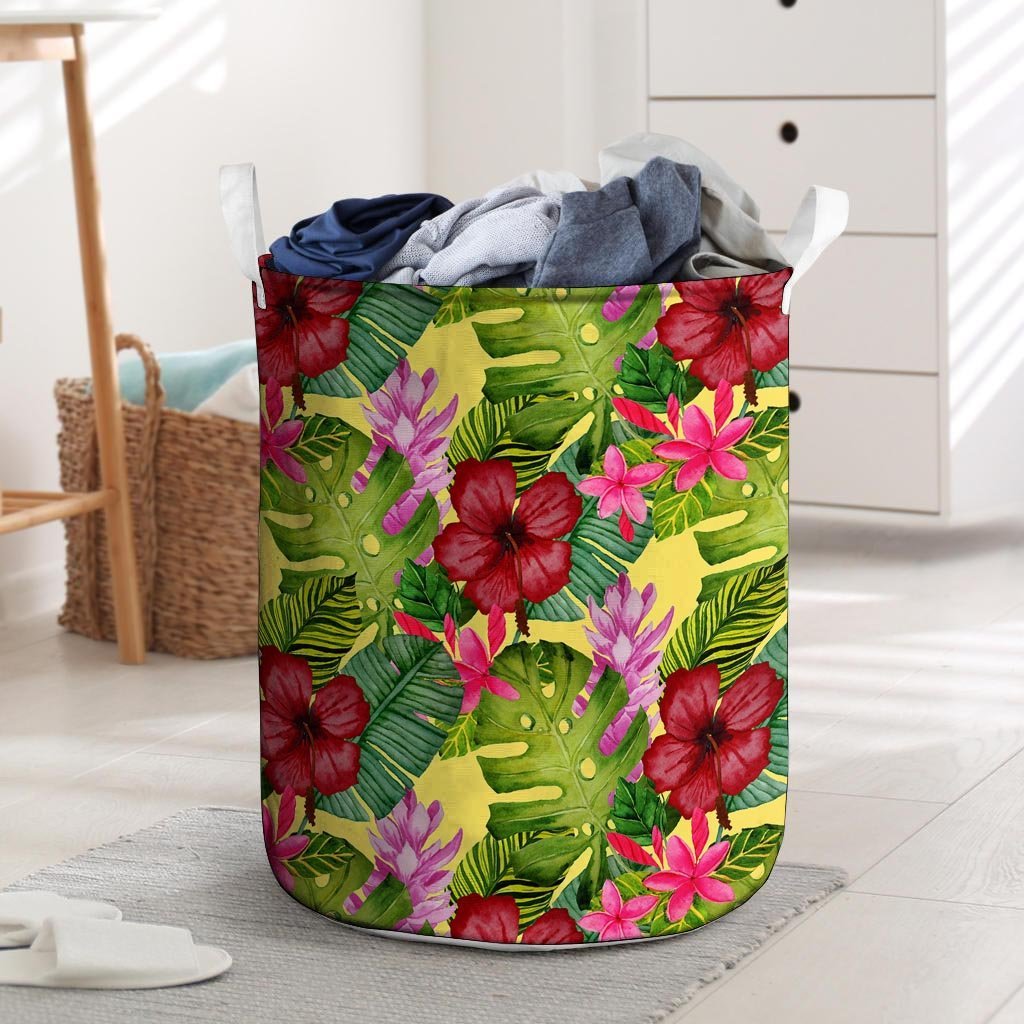 Watercolor Hibiscus Floral Hawaiian Print Laundry Basket-grizzshop