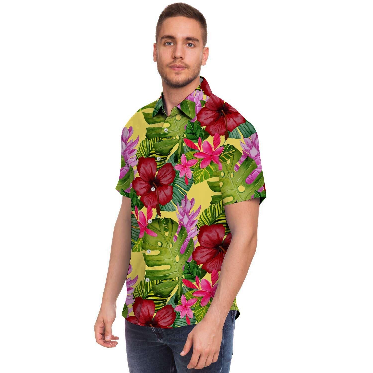 Watercolor Hibiscus Floral Hawaiian Print Men's Short Sleeve Shirt-grizzshop