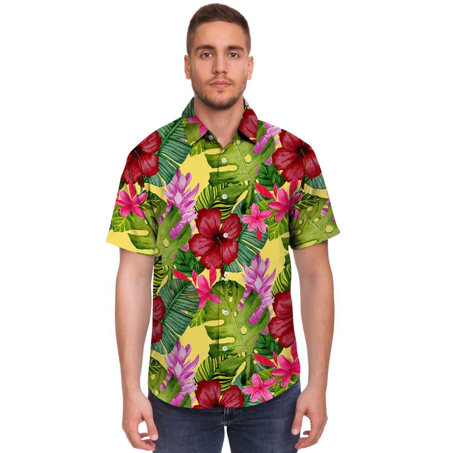 Watercolor Hibiscus Floral Hawaiian Print Men's Short Sleeve Shirt-grizzshop