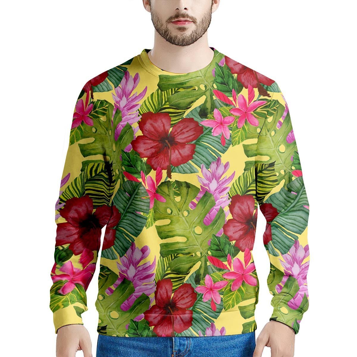 Watercolor Hibiscus Floral Hawaiian Print Men's Sweatshirt-grizzshop