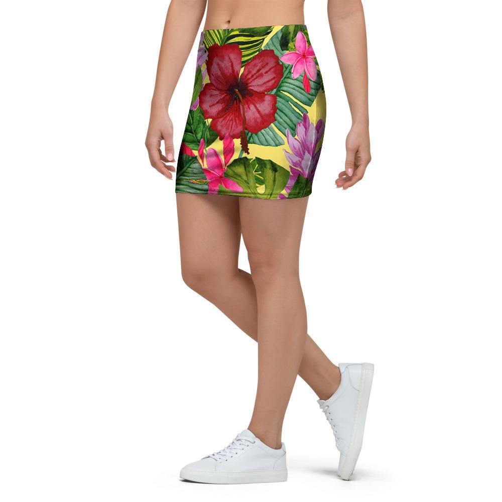 Watercolor Hibiscus Floral Hawaiian Print Mini Skirt-grizzshop