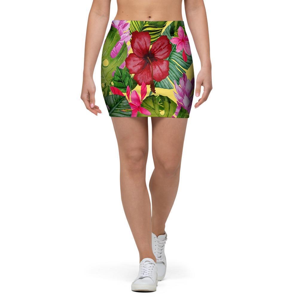 Watercolor Hibiscus Floral Hawaiian Print Mini Skirt-grizzshop