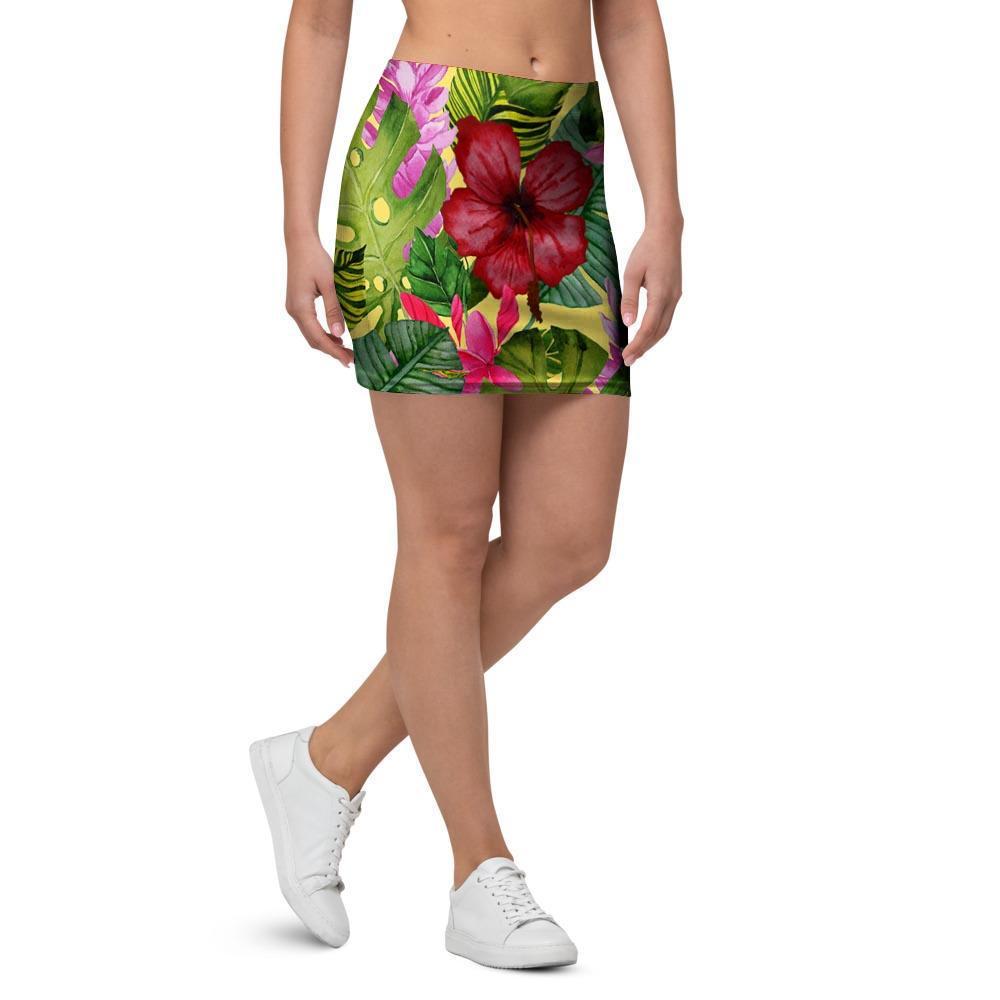 Watercolor Hibiscus Floral Hawaiian Print Mini Skirt-grizzshop