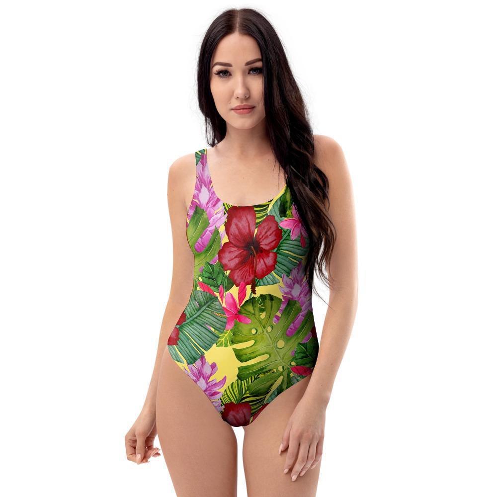 Watercolor Hibiscus Floral Hawaiian Print One Piece Swimsuite-grizzshop
