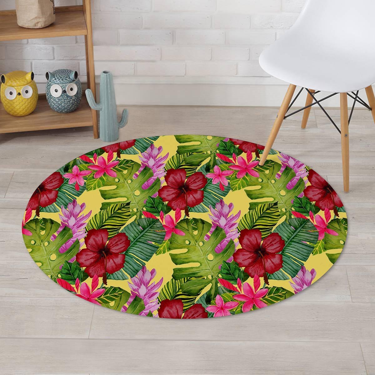 Watercolor Hibiscus Floral Hawaiian Print Round Rug-grizzshop
