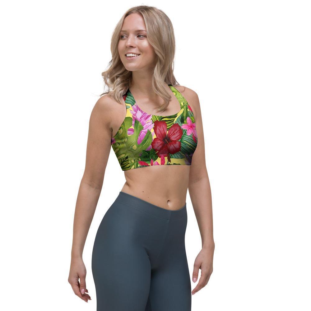 Watercolor Hibiscus Floral Hawaiian Print Sports Bra-grizzshop