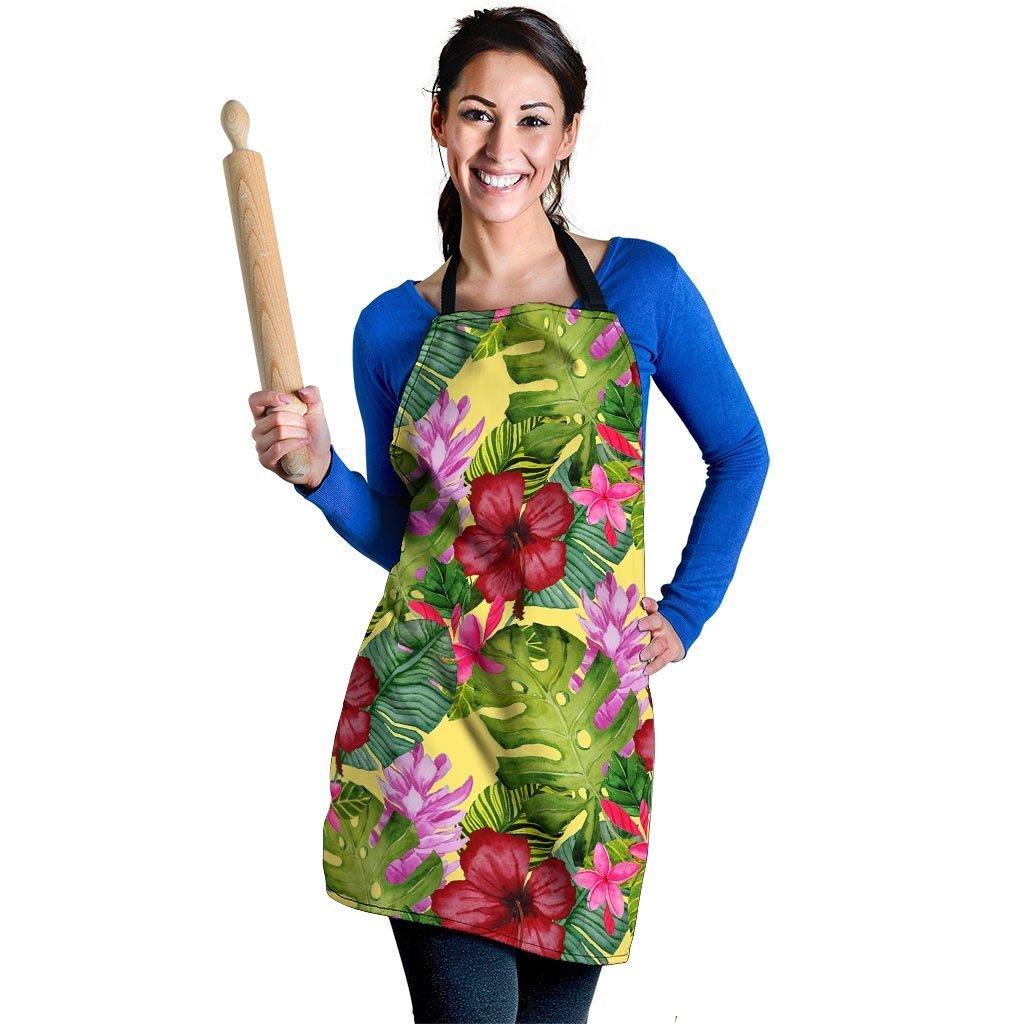 Watercolor Hibiscus Floral Hawaiian Print Women's Apron-grizzshop