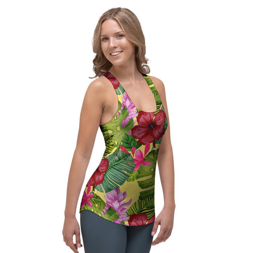 Watercolor Hibiscus Floral Hawaiian Print Women's Racerback Tank Top-grizzshop