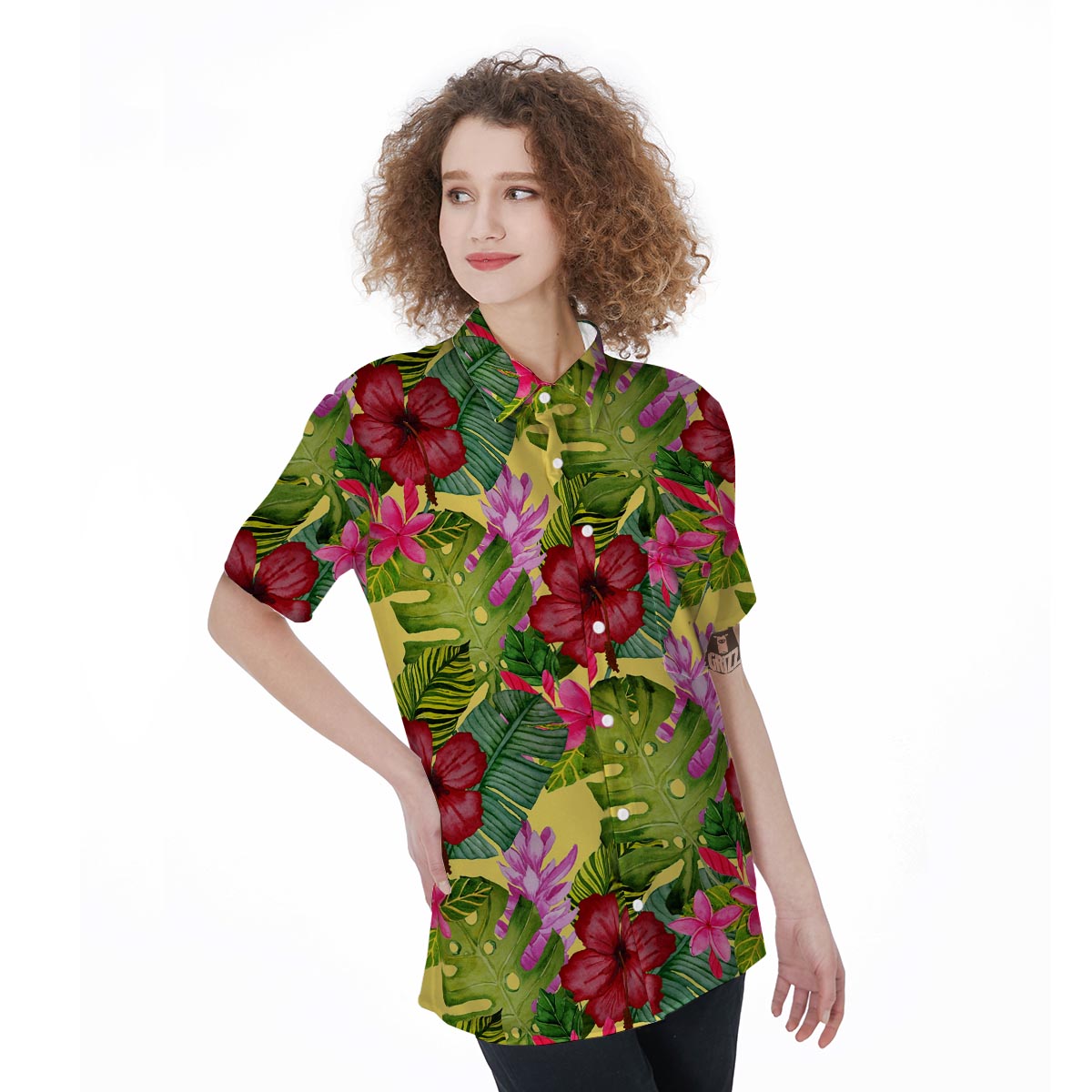 Watercolor Hibiscus Floral Hawaiian Print Women's Short Sleeve Shirts-grizzshop