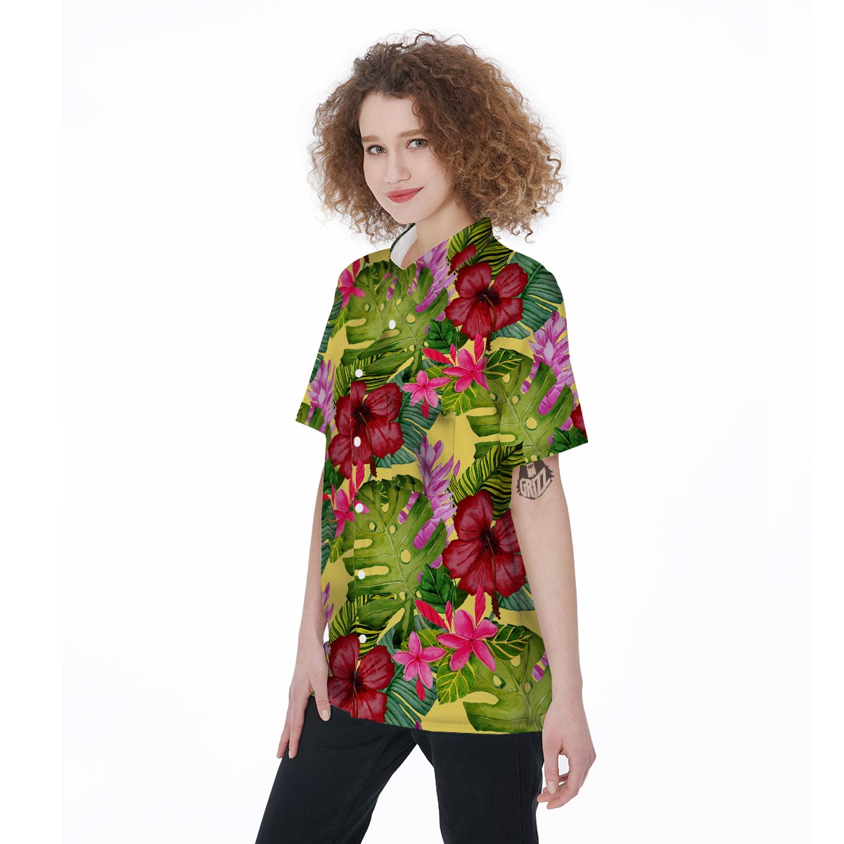 Watercolor Hibiscus Floral Hawaiian Print Women's Short Sleeve Shirts-grizzshop