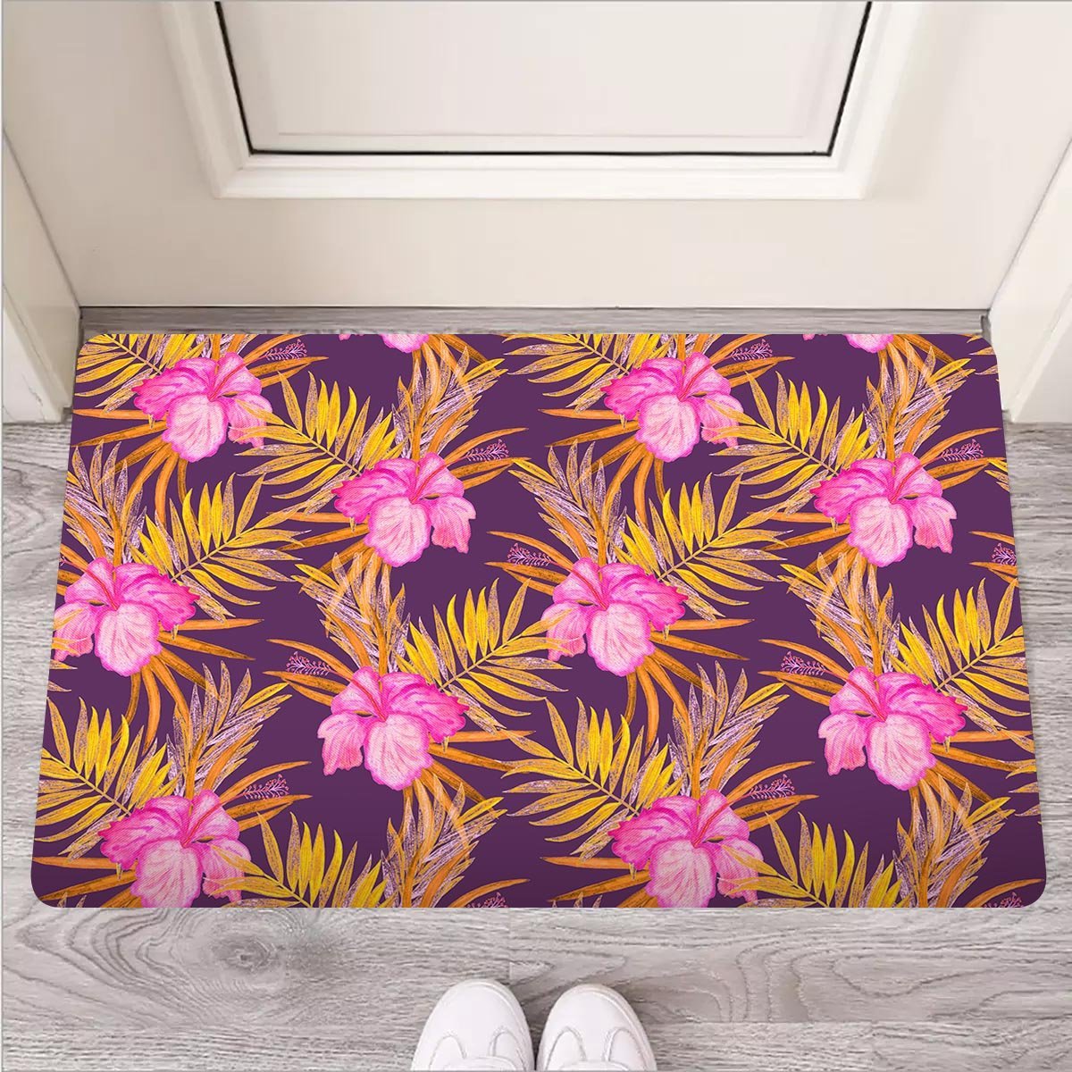 Watercolor Hibiscus Flower Hawaiian Print Door Mat-grizzshop