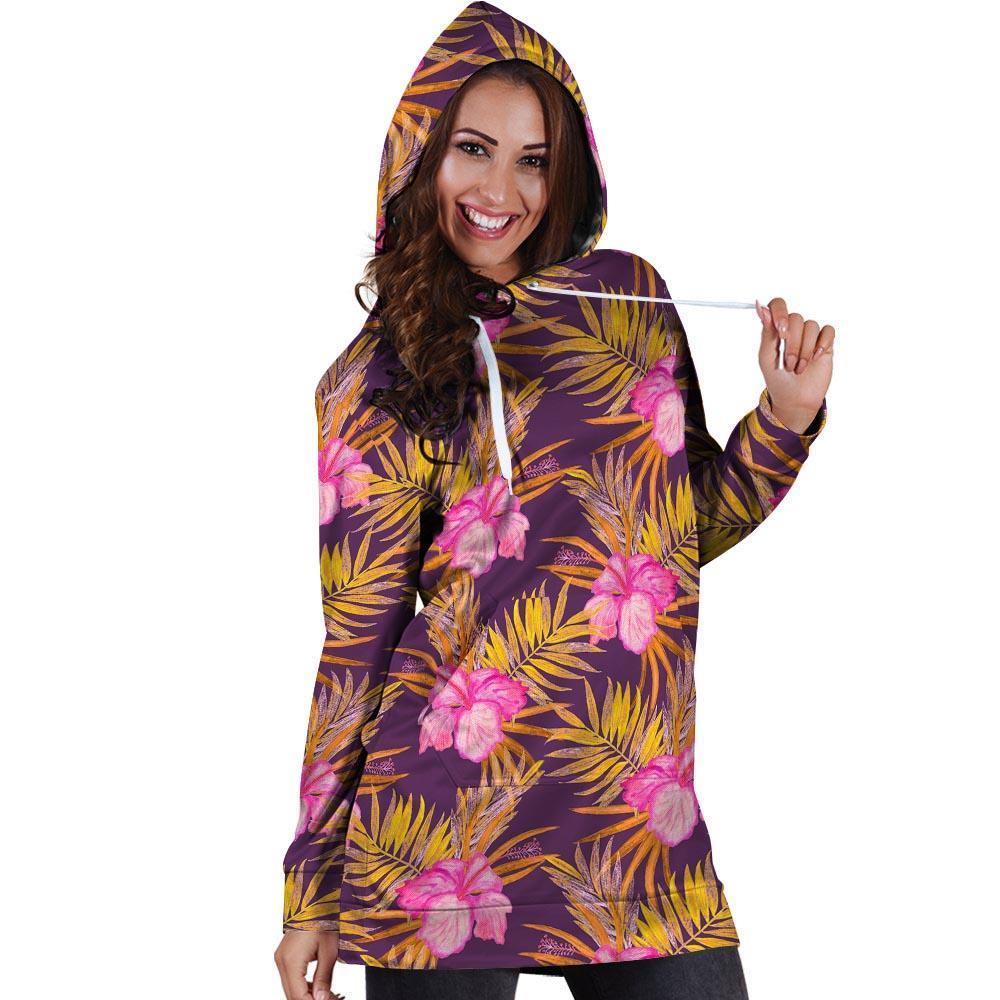 Watercolor Hibiscus Flower Hawaiian Print Hoodie Dress-grizzshop