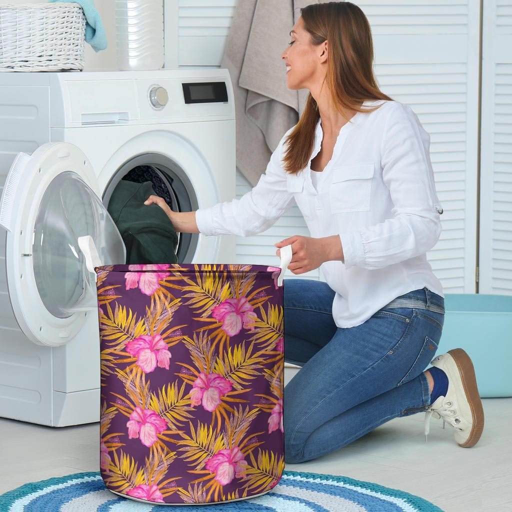 Watercolor Hibiscus Flower Hawaiian Print Laundry Basket-grizzshop
