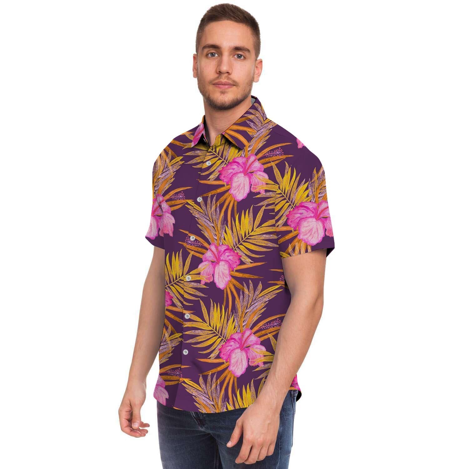 Watercolor Hibiscus Flower Hawaiian Print Men's Short Sleeve Shirt-grizzshop