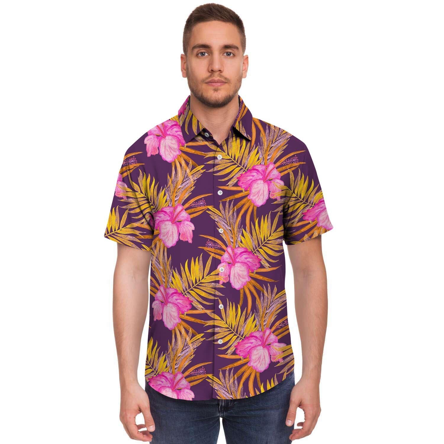 Watercolor Hibiscus Flower Hawaiian Print Men's Short Sleeve Shirt-grizzshop