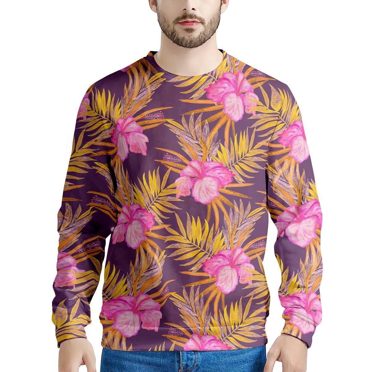Watercolor Hibiscus Flower Hawaiian Print Men's Sweatshirt-grizzshop