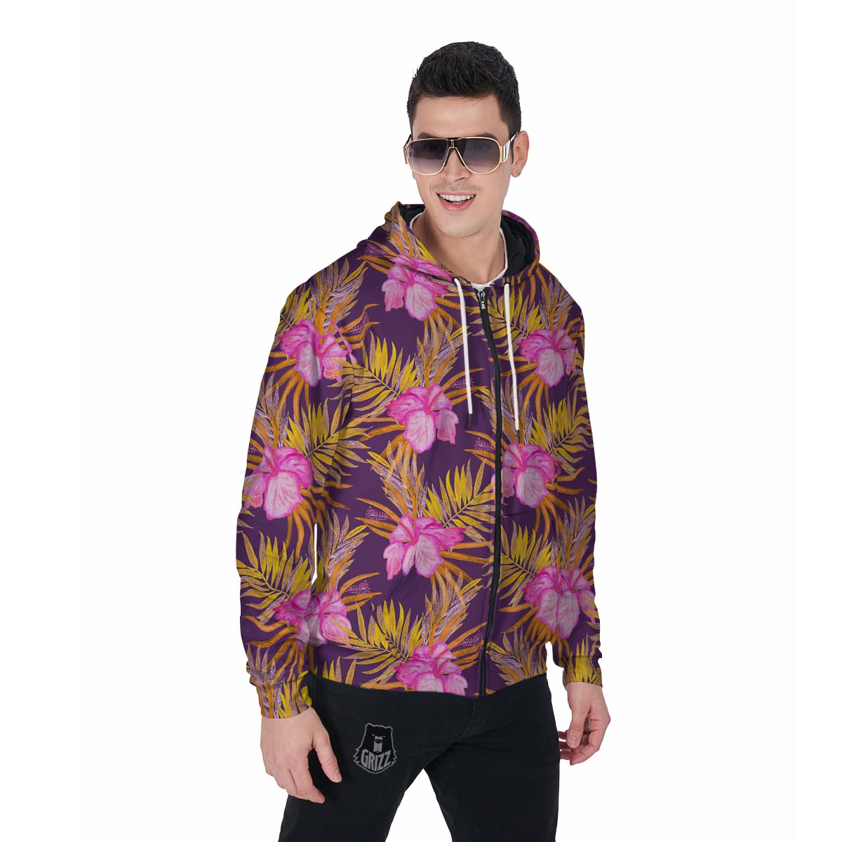 Watercolor Hibiscus Flower Hawaiian Print Men's Zip Up Hoodie-grizzshop
