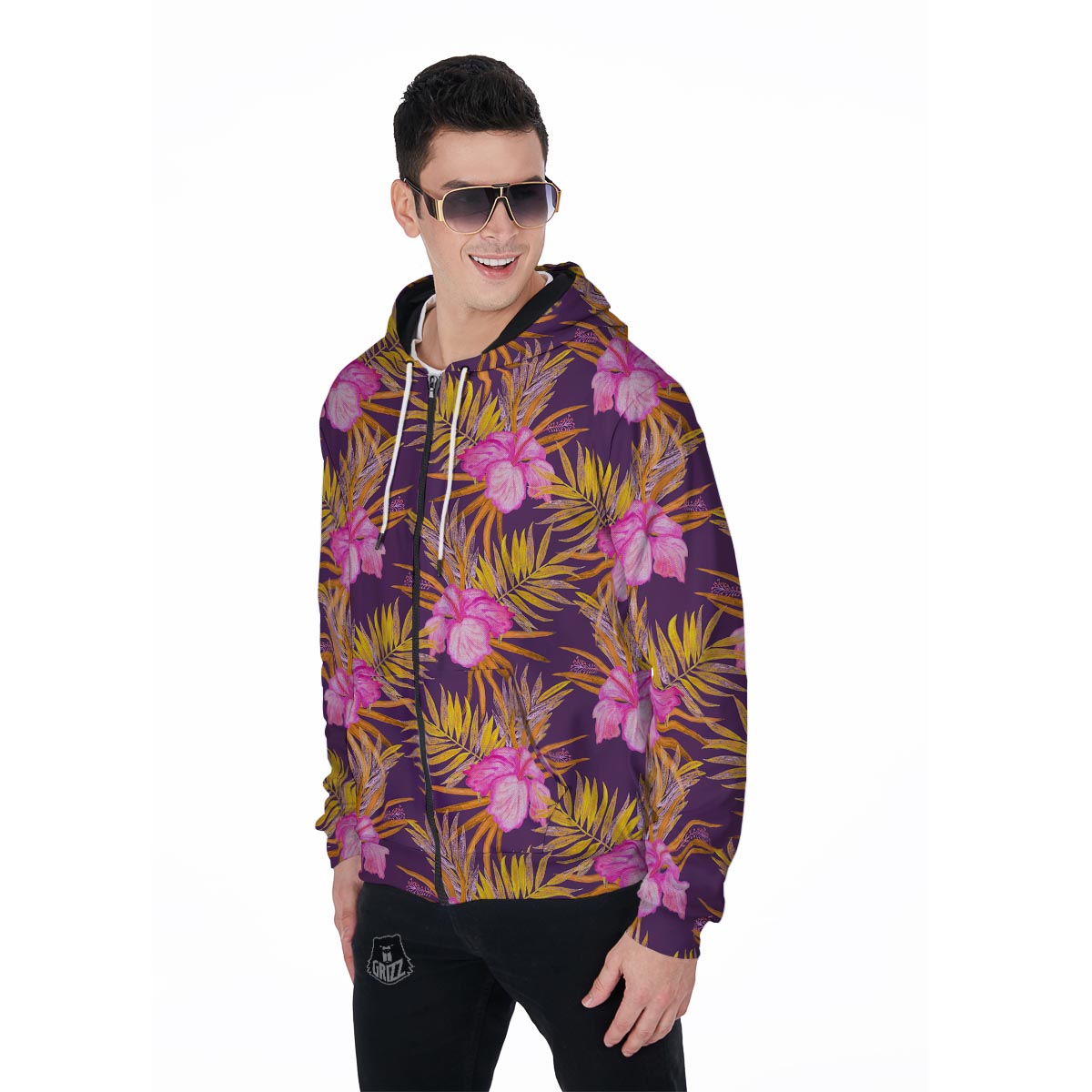 Watercolor Hibiscus Flower Hawaiian Print Men's Zip Up Hoodie-grizzshop