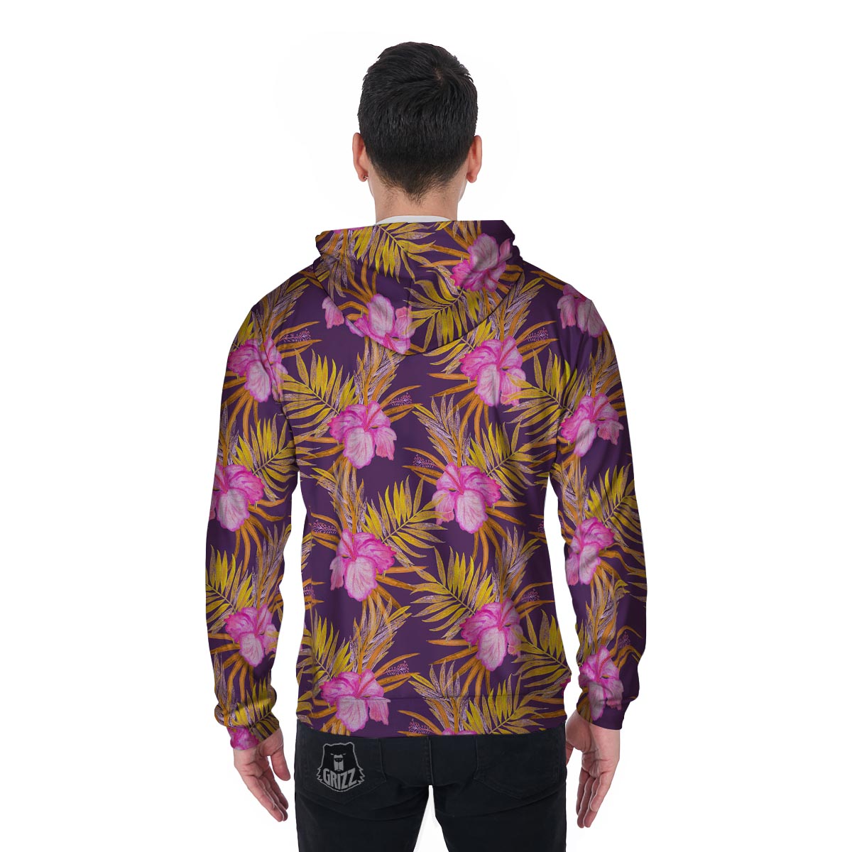 Watercolor Hibiscus Flower Hawaiian Print Men's Zip Up Hoodie-grizzshop