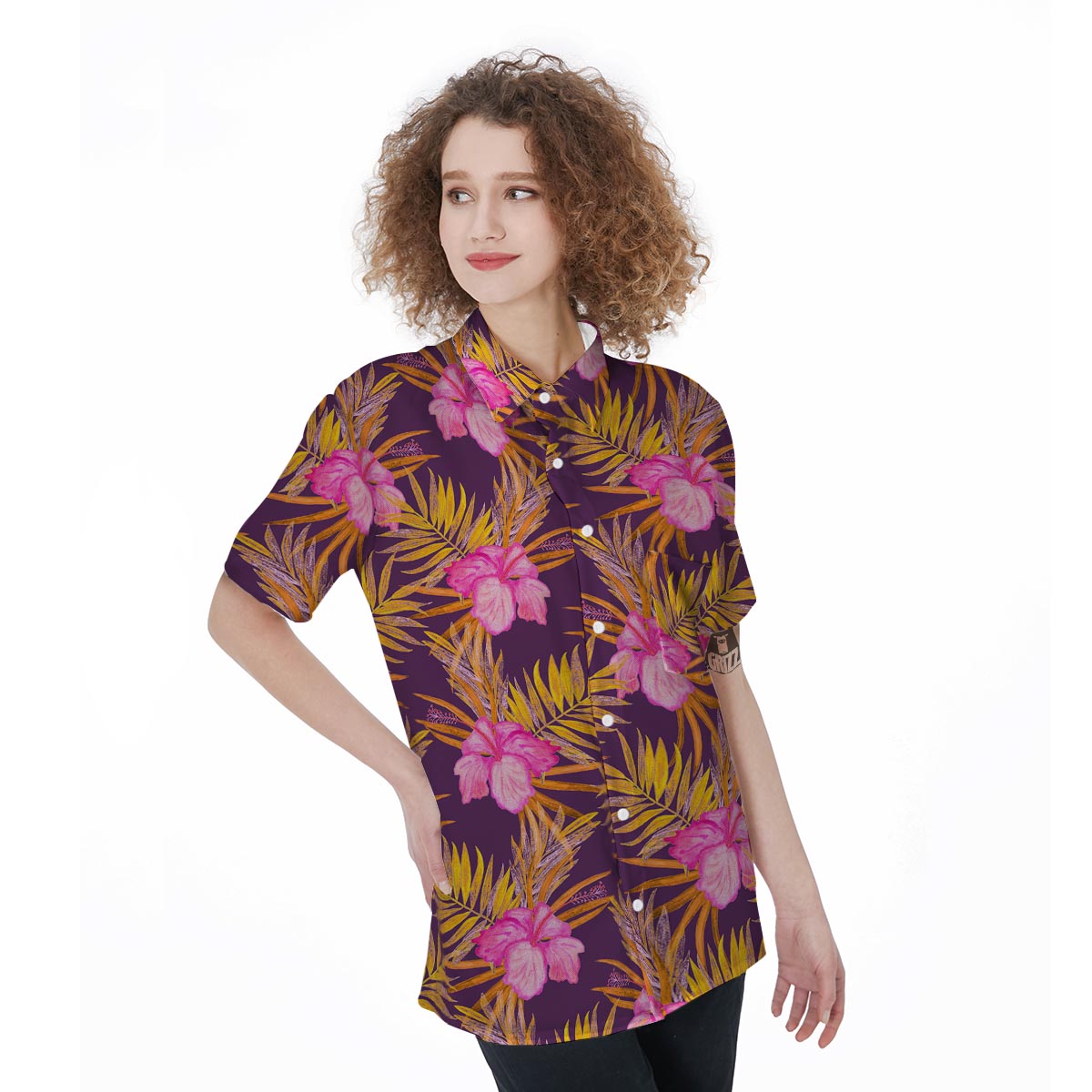 Watercolor Hibiscus Flower Hawaiian Print Women's Short Sleeve Shirts-grizzshop