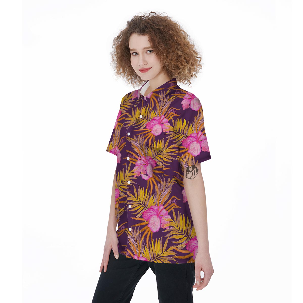 Watercolor Hibiscus Flower Hawaiian Print Women's Short Sleeve Shirts-grizzshop
