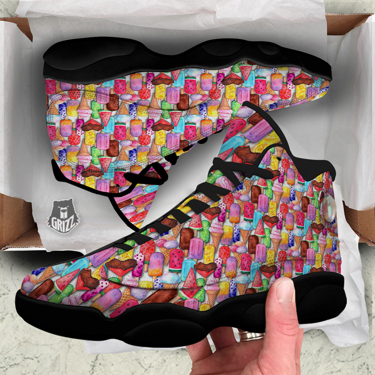 Watercolor Ice Cream Print Pattern Black Basketball Shoes-grizzshop