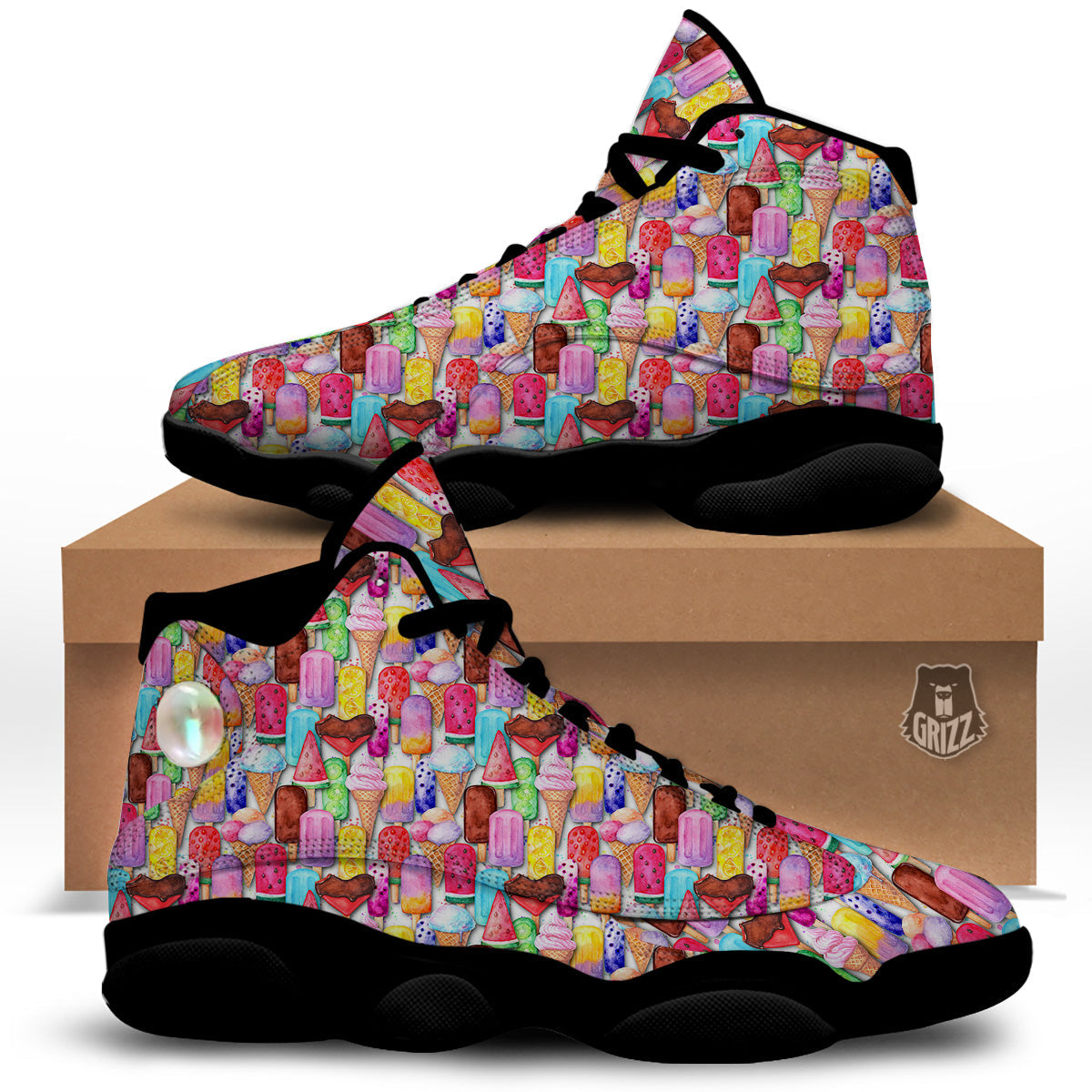 Watercolor Ice Cream Print Pattern Black Basketball Shoes-grizzshop
