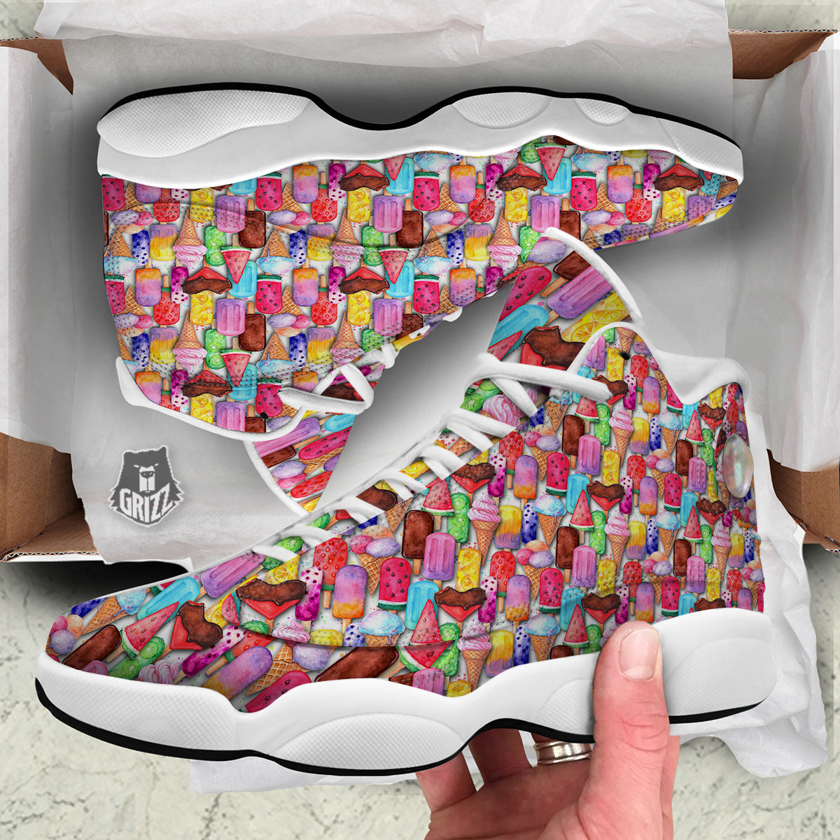 Watercolor Ice Cream Print Pattern White Basketball Shoes-grizzshop