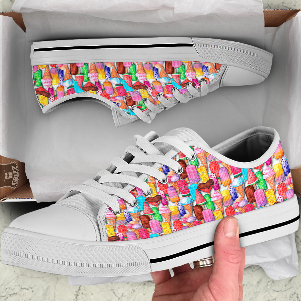 Watercolor Ice Cream Print Pattern White Low Top Shoes-grizzshop