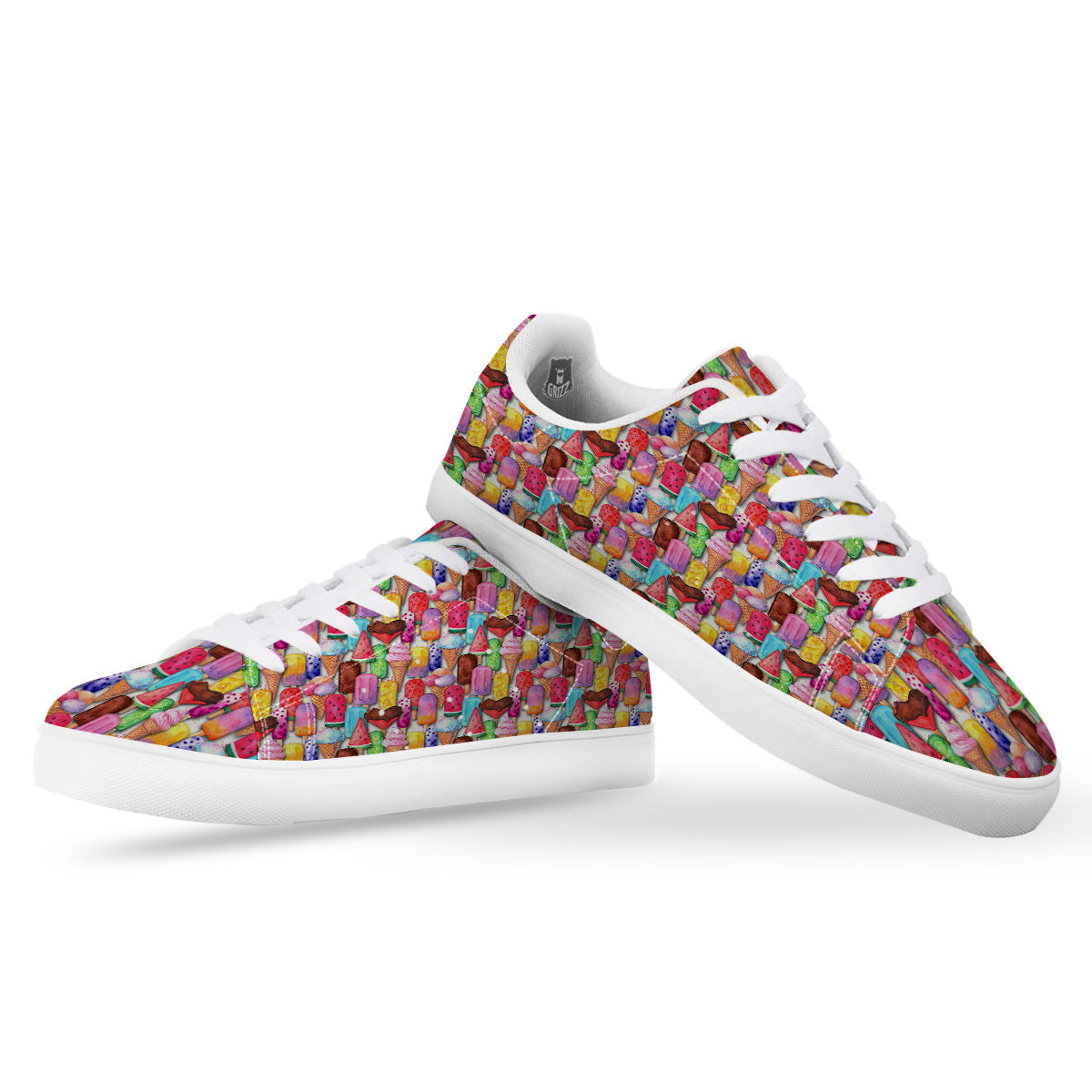 Watercolor Ice Cream Print Pattern White Low Top Sneakers-grizzshop