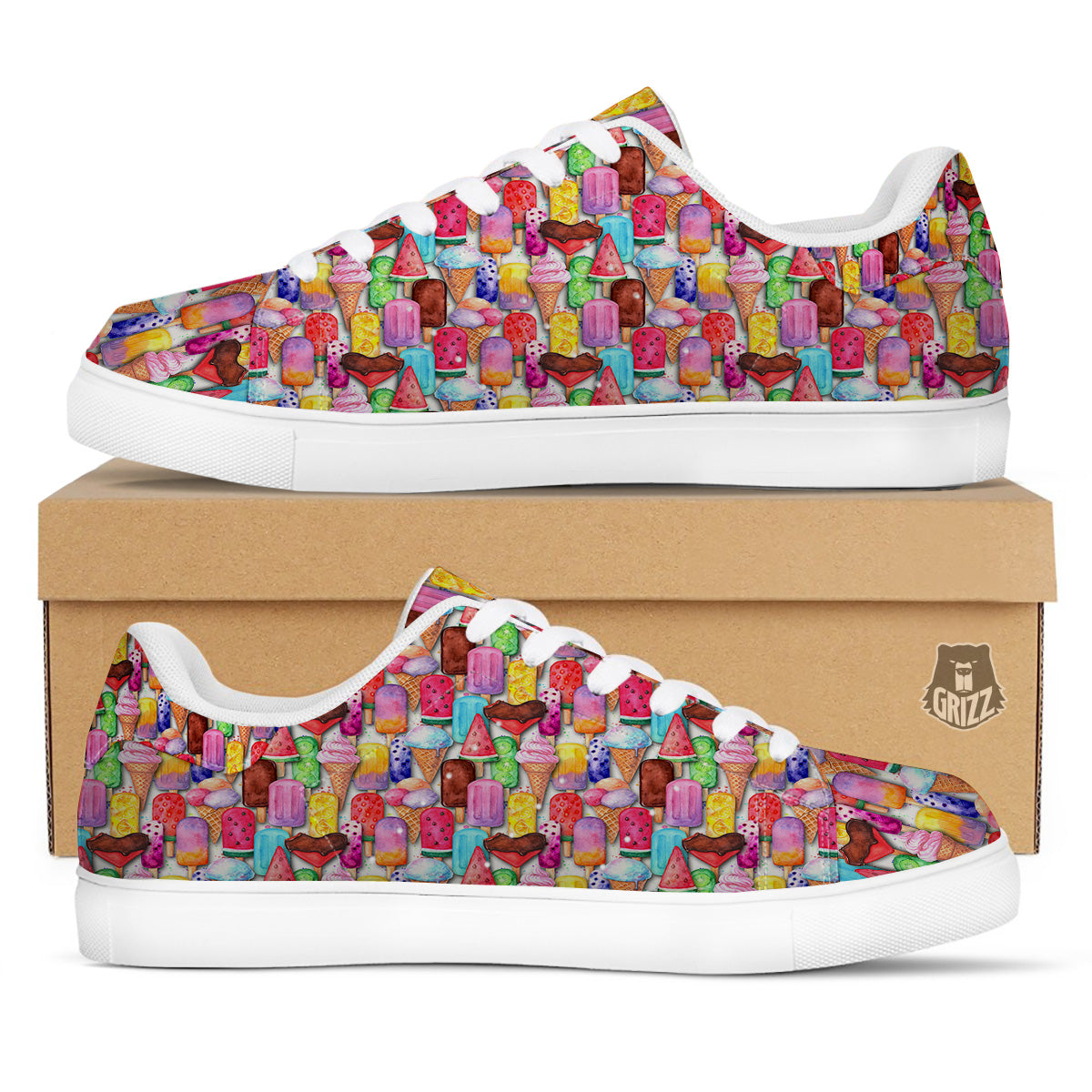 Watercolor Ice Cream Print Pattern White Low Top Sneakers-grizzshop
